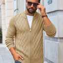 Yousify Mens Cardigan Sweater Full Zip Cable Knitted Stand Collar Cardigan Casual Long Sleeve Sweaters (XX-Large, Khaki)