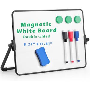 Dry Erase Whiteboard for Students,Small Mini Magnetic Double-Sided Desktop White Board with Stand,Portable Small Whiteboard with 3 Markers/3 Magnets/1 Eraser for Drawing, Home, School,8.27" x 11.8"