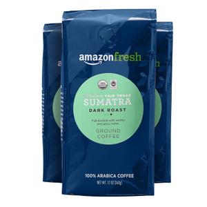 Amazon Fresh Organic Fair Trade Sumatra Ground Coffee, Dark Roast, 12 Ounce (Pack of 3) (EXP 02/16/27)