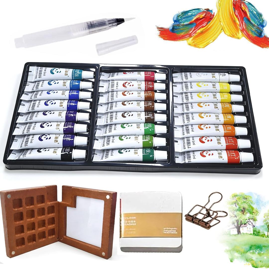 Adult Watercolor Paint Set: 24 Watercolor Paint Tubes (5ml)  Pocket Watercolor Set with24 Color Paints, Brush, Sketchbook & Copper Clip, Makes an Ideal Gift.