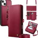 Wallet Case Compatible with iPhone 13,Multi-Function Detachable 2 in 1 Magnetic iPhone 13 Case Wallet,Flip Strap Zipper Card Holder Phone Case with Shoulder Straps (Red)