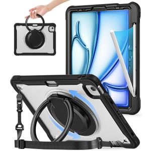 BATYUE Case for iPad Air 11 Inch M3/M2 (2025/2024), Air 5th/4th 10.9 Inch (2022/2020), Pro 11" 4th/3rd/2nd/1st, Shockproof Cover with 360 Rotating Stand, Pencil Holder, Shoulder Strap, Black (A4-Transparent (Black))
