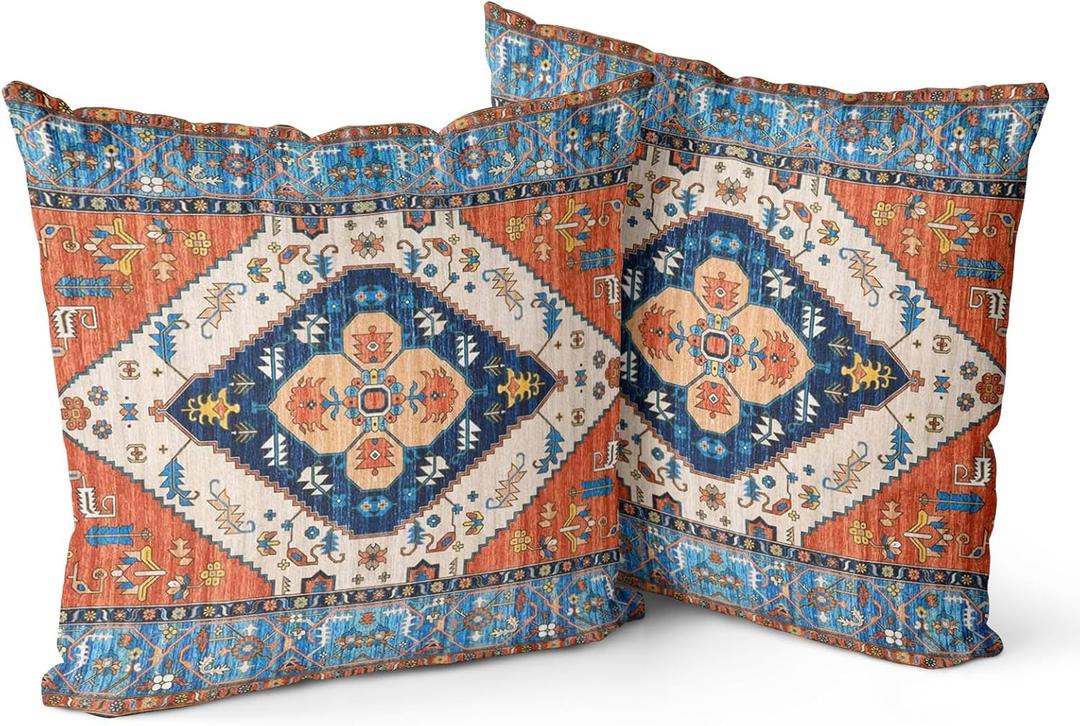 Snycler Boho Throw Pillow Covers 16x16 inch Set of 2 Bohemian Carpet Throw Pillows for Couch Blue&Red Decorative Pillow Cases Farmhouse Home Decor for Sofa Porch Patio Bed Room Outdoor