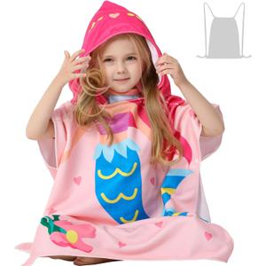 Pink Mermaid Hooded Beach Towel Poncho for Kid Girls Toddlers Bath Pool Swim Poncho Cover-ups Swimwear Soft Lightweight Microfiber
