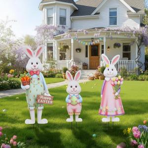 DoubleFill 3 Pcs Easter Decorations Outdoor 3D Metal Easter Eggs Tulip Yard Signs Decorative Garden Stakes Eggs Bunny Gnome Lawn Decorations Yard Decor for Spring Lawn Pathway Garden (Bunny Style)
