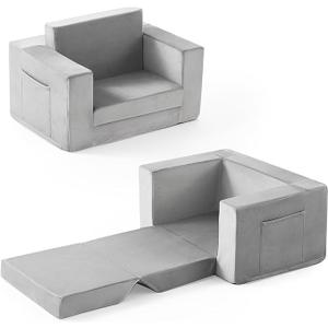 Toddler Chair Comfy 1-3 Years Old, Convertible Kids Chair, Toddler Couch That Fold Out, Kid Lounge Chairs for Boys and Girls, Soft Coral Fleece, Grey