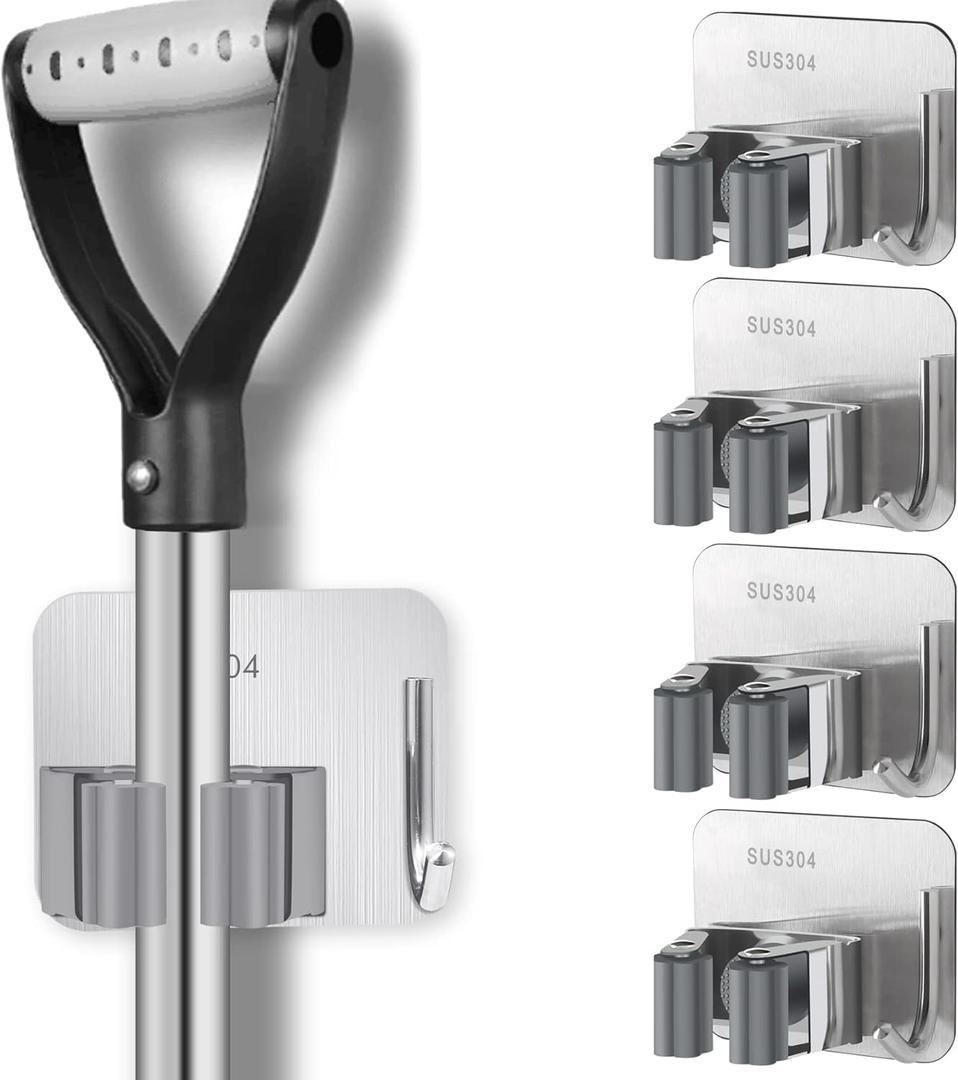 Broom Holder Self Adhesive No Drill Wall Mount Mop Broom Organizer with Hook Heavy Duty Stainless Steel Garden Tool Organizer Garage Storage and Organization Hanger (Silver + Grey)