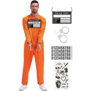 Prisoner Jumpsuit Men Orange Prison Inmate Costume Jail Criminal Cosplay Outfit for Adult Halloween (Small)
