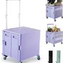 Folding Utility Cart Portable Rolling Crate Handcart Shopping Trolley Collapsible Tool Box, with Lid, on Rotate Wheels, for Grocery, Shopping, Office, Teacher, Camp,File (Purple)