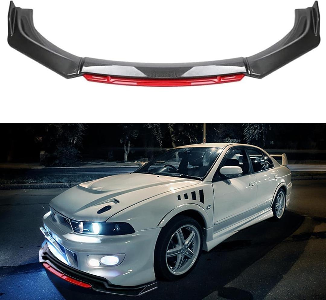 4Pcs Universal Front Bumper Lip Body Kit ABS Glossy Black Front Lip Spoiler Diffuser Front Bumper Lip Spoiler Wing Body for Most Vehicle (Carbon Black-Red)