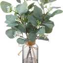 15.74” Artificial Eucalyptus Stems in Glass Vase with Faux Water & Natural Stones, Lifelike Fake Greenery for Modern Farmhouse Home Decor, Bathroom Decor, Office Desk Centerpiece