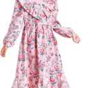 Girls Summer Hawaiian Dress Floral Halter Neck Cold Shoulder Sleeveless Beach Sundress 1-12 Years (Pink)