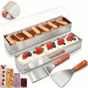 Blushtier 2 Pack Nonstick Rectangle Tiramisu Cake Pan with Acrylic Lid and 2 Metal Spatula Removable Frame 304 Stainless Steel Cake Baking Molds for Tiramisu Cheesecake Mousse (15.75 x 3.94 x 2.56 Inch)