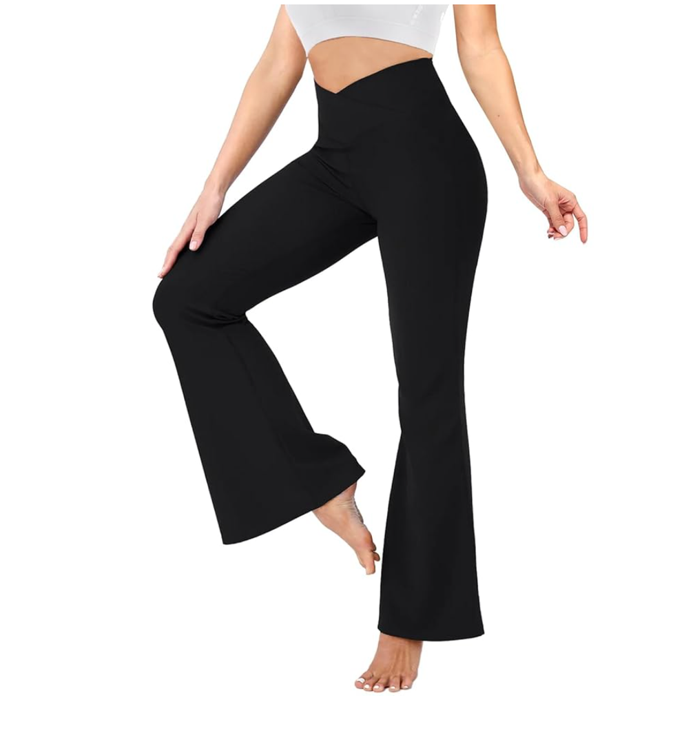 Leggings with Pockets-Crossover High Waisted Bootcut Yoga Pants-Tummy Control Bell Bottom Leggings L