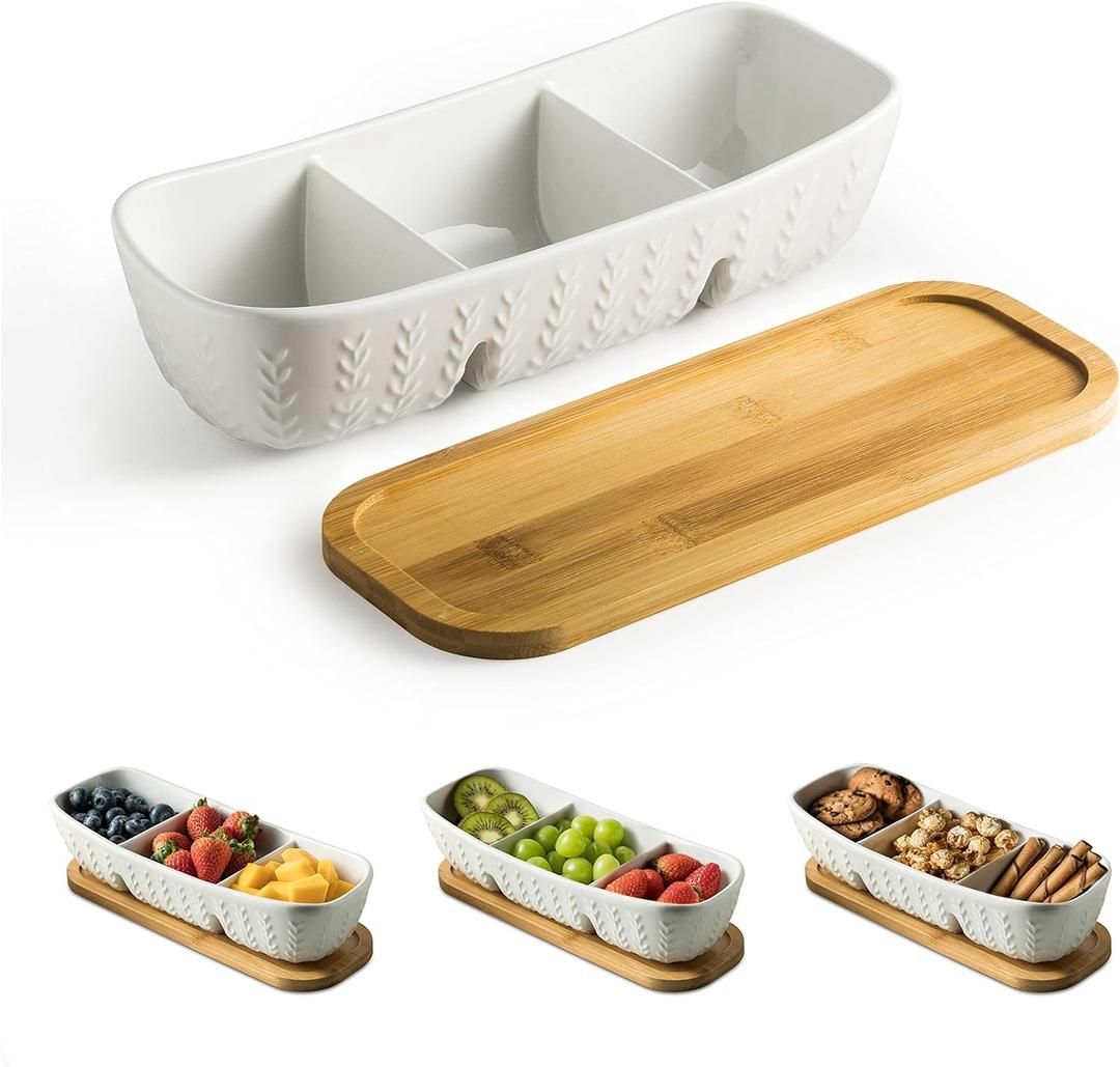 Chip and Dip Serving Set with Acacia Wood Serving Tray, Majolica Salsa Turtles - Condiment Tray for Snacks, Appetizers, Charcuterie, Candy, Food, Divided Party Serving Trays (Large-11 inches)