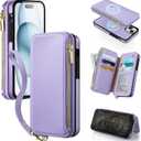 Antsturdy 2 in 1 Detachable for iPhone 15 Plus Wallet case with Magsafe,RFID Blocking Magnetic Wireless Charging PU Leather Phone case Flip Folio Cover Card Holder Wrist Strap Women Men,Light Purple