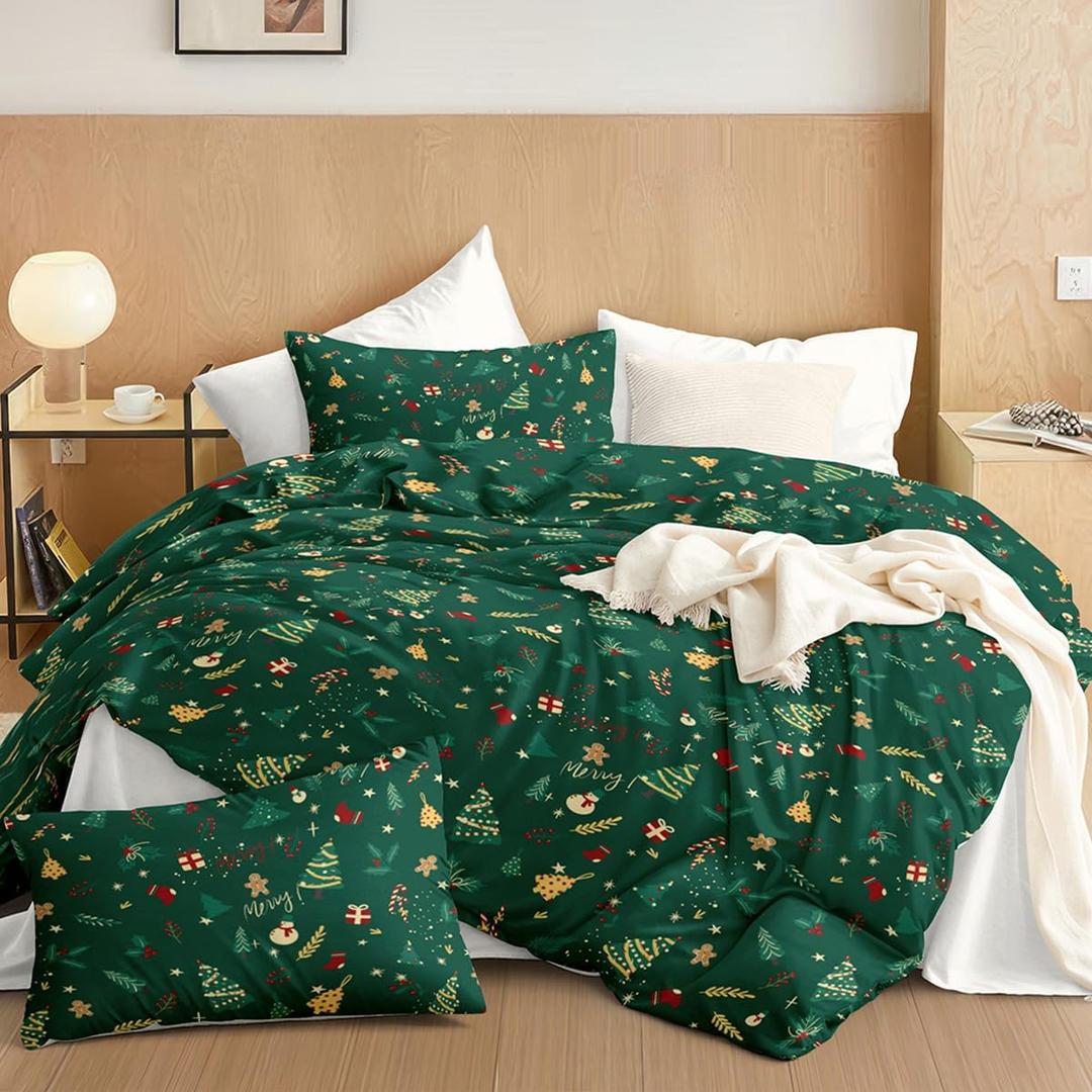 Christmas Duvet Cover Twin - Green Christmas Bedding with Xmas Tree, Snowflake, Gingerbread Prints Breathable & Fade Resistant, Easy Care, Includes 1 Duvet Cover & 1 Pillowcase