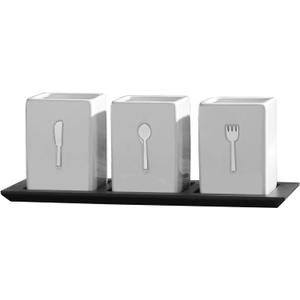 Towle Living 3-Piece Ceramic Caddy with Wood Tray, White, Black