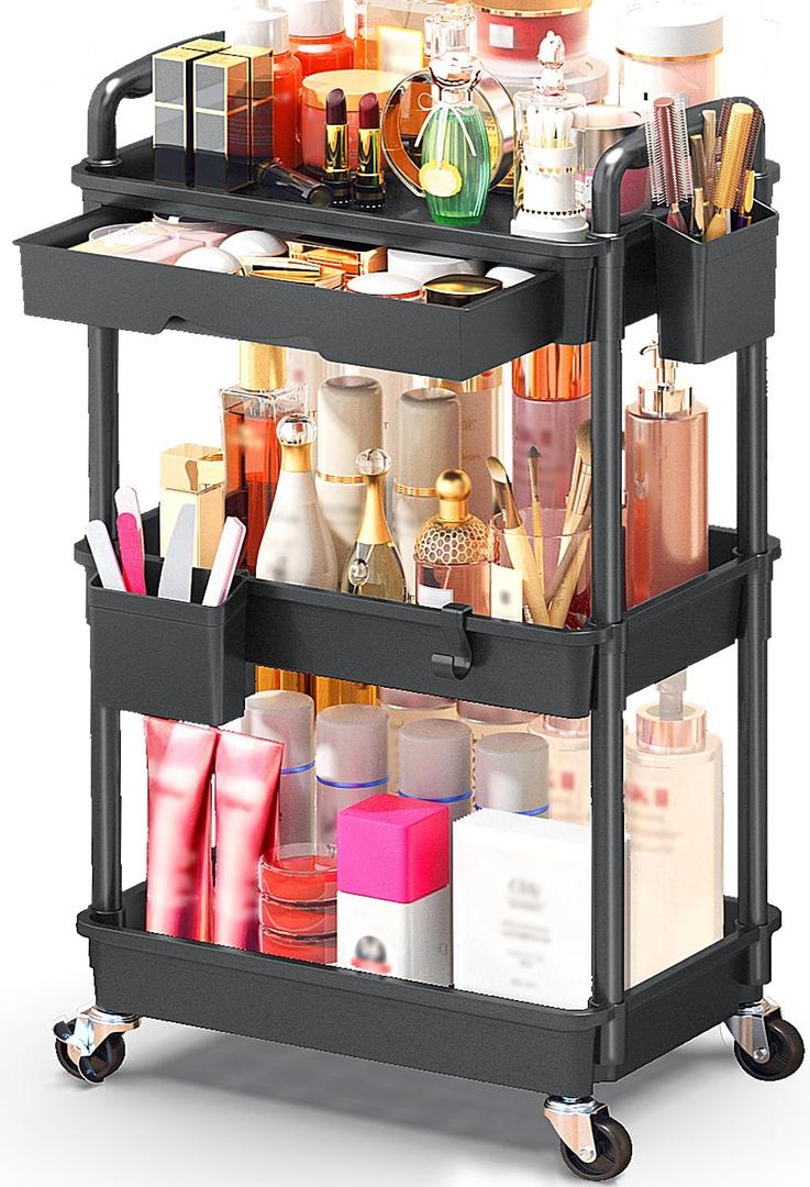 SUNALLY Makeup Cart Organizer with Drawers, Floor Skincare Organizers Vanity Storage Organizer, Rolling Makeup Bathroom Storage Cart Cosmetics Display Cases for Skin Care Perfume Nail Polish, Black, 3 Tier
