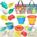 Collapsible Beach Toys for Kids Toddlers, Collapsible Sand Buckets Shovels Set with Mesh Bags and Sand Molds, Foldable Travel Sand Toys for Beach Sandbox Toys for Kids