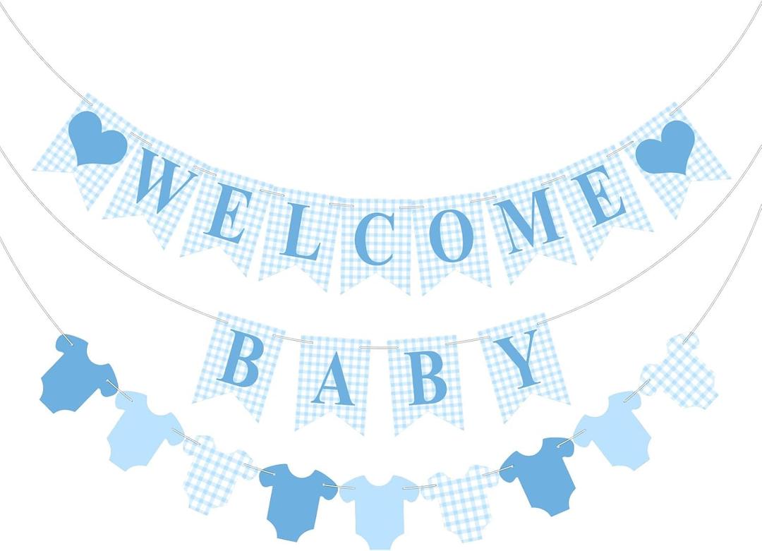 Hahafelt 1 Pcs Blue Gingham Welcome Baby Banner for Party Decorations Blue Pre Strung Baby Shower Gender Reveal Paper Banner for Table, Wall or Mantel Display Party Decor Supplies