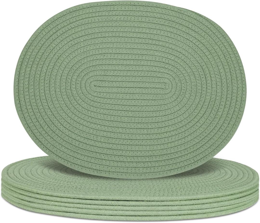 Oval Woven Placemats Set of 6, Boho Cotton Rope Braided Table Mats, 17x13 Inches Non Slip Heat Resistant Place Mats for Dining Room, Thick Hot Pads for Farmhouse Kitchen Table Decor. (Green)