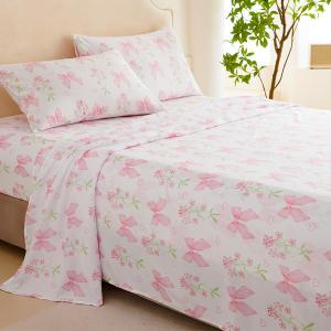 Bow Sheet Set Twin for Girls Kids Pink Floral Fitted Sheet Set Soft Microfiber Fitted Flat Sheets & Pillowcases - Princess Style Bowknot Bedding Sets Toddlers 3 Pieces Cute Sweet Bed Set