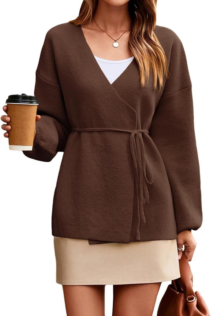 Saodimallsu Womens Wrap V Neck Cardigan Sweaters Tie Front Long Sleeve Soft Knit Dressy Work Fall Sweater Blazer Coffee (Brown)