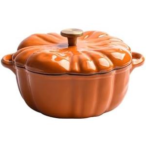 Enameled Cast Iron Dutch Oven with Lid, 1.32 qt Cute Halloween Decor Pumpkin Pot, Covered Dutch Oven Stockpot Baking Dish, Pumpkin Casserole for Fall Thanksgiving Decor, Oven & Stove Safe, (Orange)