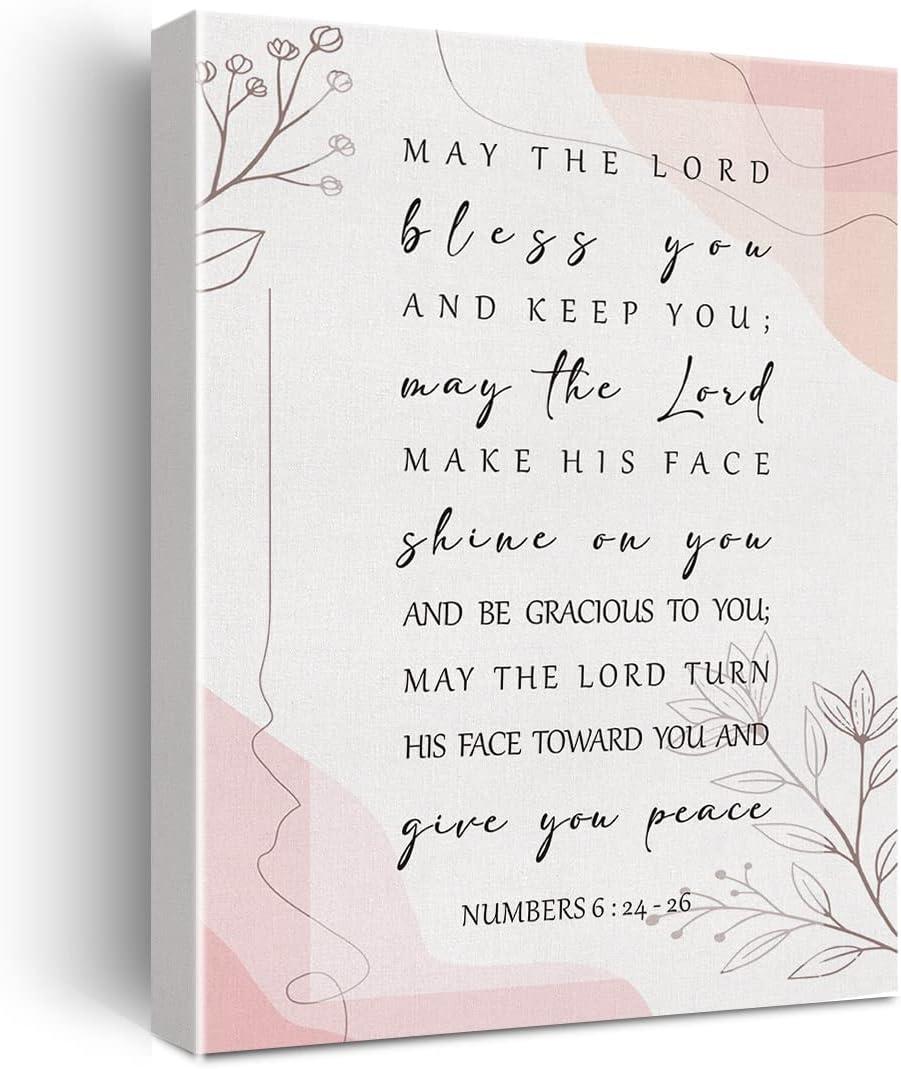 Inspirational Bible Verse Canvas Print Decor Pink Numbers 6 : 24-26 Christian Wall Painting Posters 12X15 Scripture Home Office Decoration (Framed)