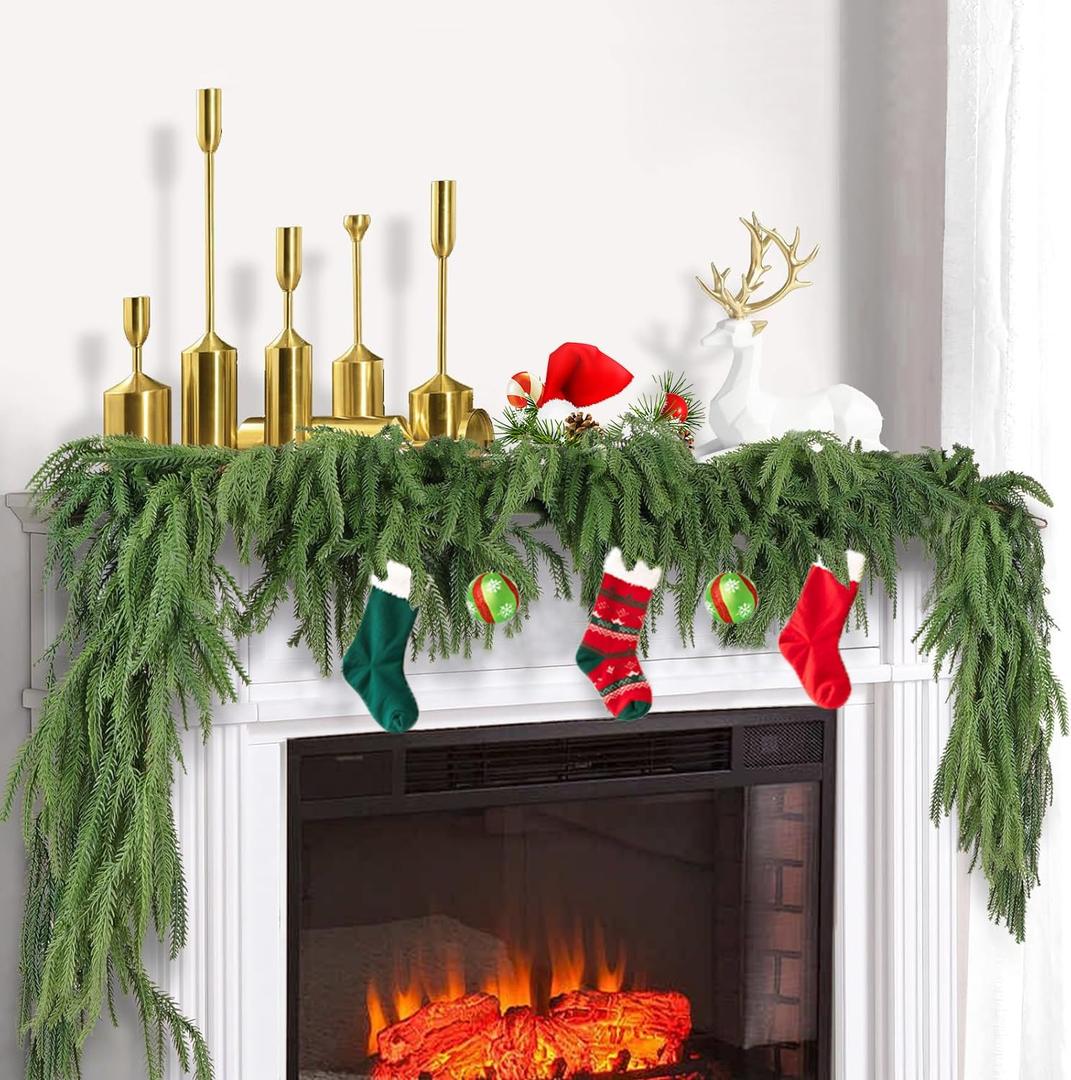 CCPanda 2 Pcs Artificial Norfolk Pine Garlands, Christmas Real Touch Winter Pine Garland, Green Artificial Greenery Cedar Garland for Mantle, Table, Wall, Indoor, Outdoor Christmas Decorations (6FT)