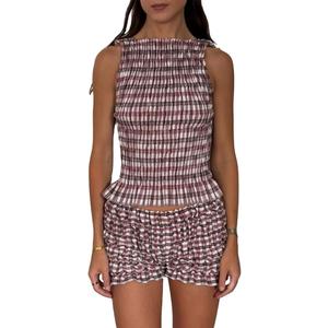 Women 2pcs Smocked Ruffle Shorts Pajamas Set Sleeveless Round Neck Plaid Print Crop Top Elastic Waist Shorts Lounge Set Size S
