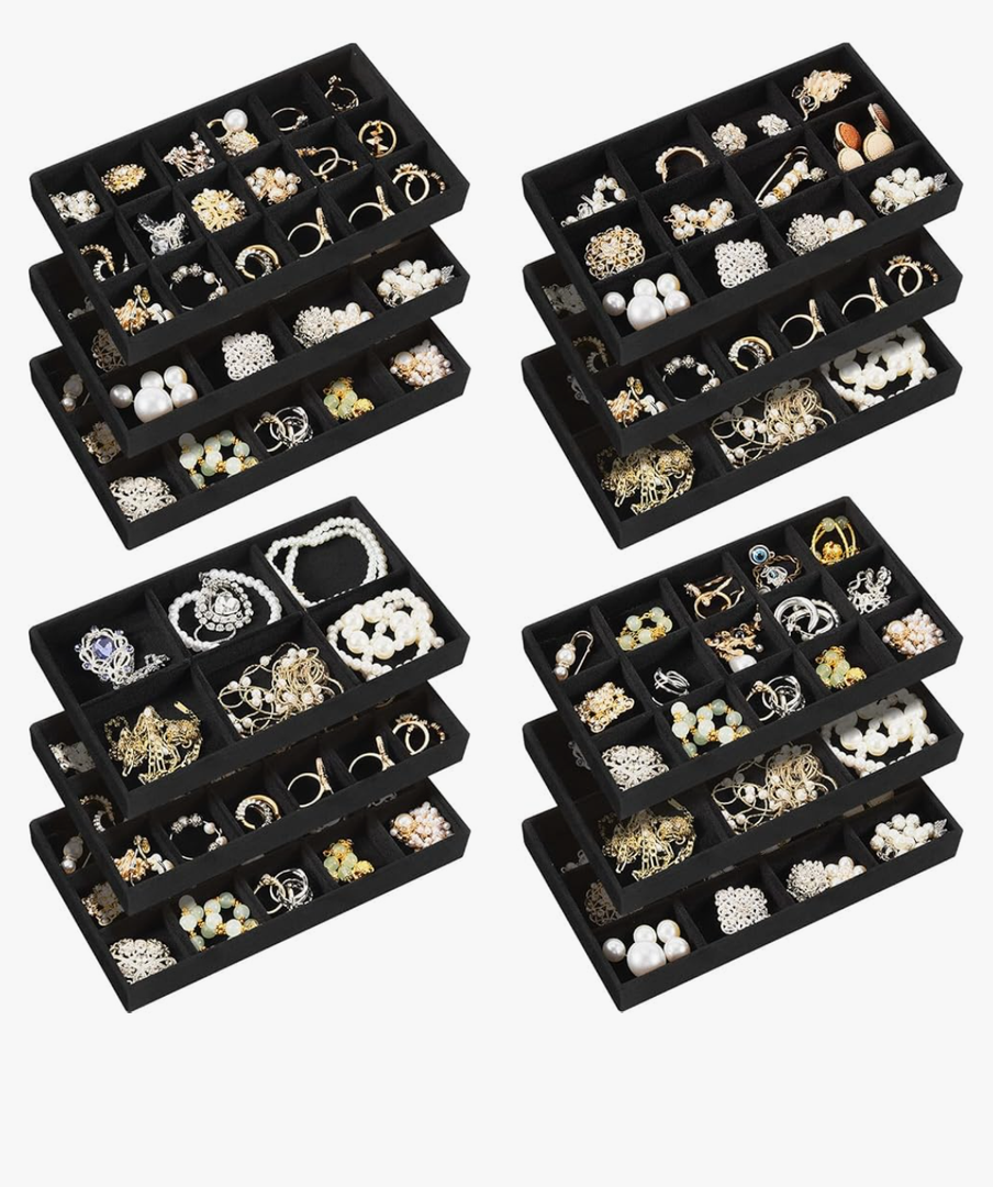 Junkin 12 Pcs Jewelry Tray Velvet Stackable Jewelry Organizer Trays Divided Earring Accessories Storage Containers Box