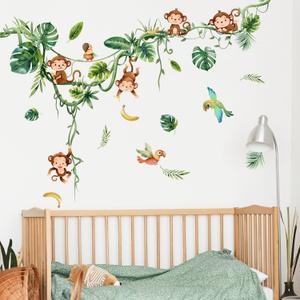 Supzone Monkey Climbing Tree Wall Decals Jungle Animals Birds Stickers Vine Green Leaves Art Decor for Baby Nursery Kids Room Living Room