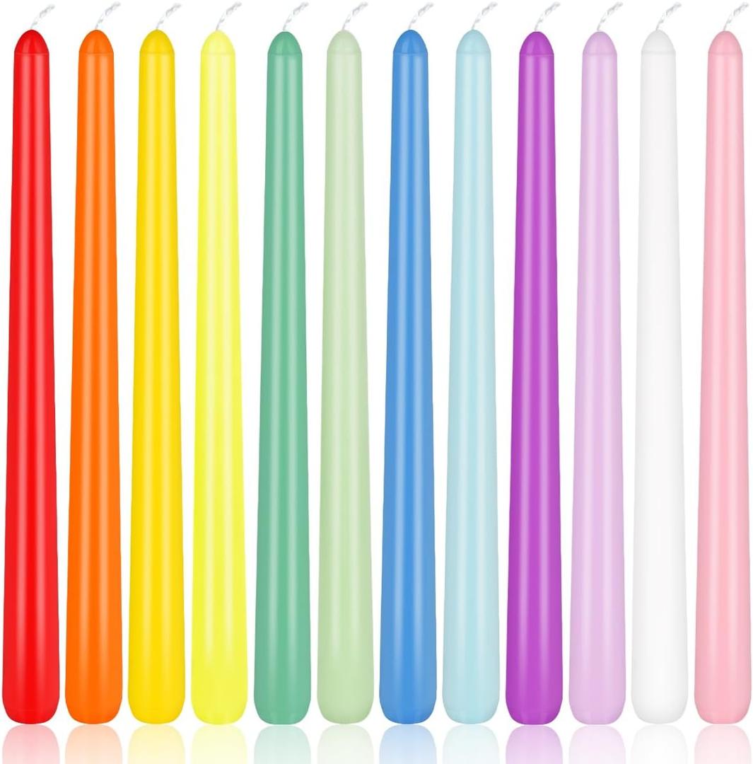 10 Inch Colored Taper Candles for Religious and Spiritual Settings, 12 Pack Unscented Candlesticks for Holiday, Seasonal Celebration and Home Decoration (12-colored)