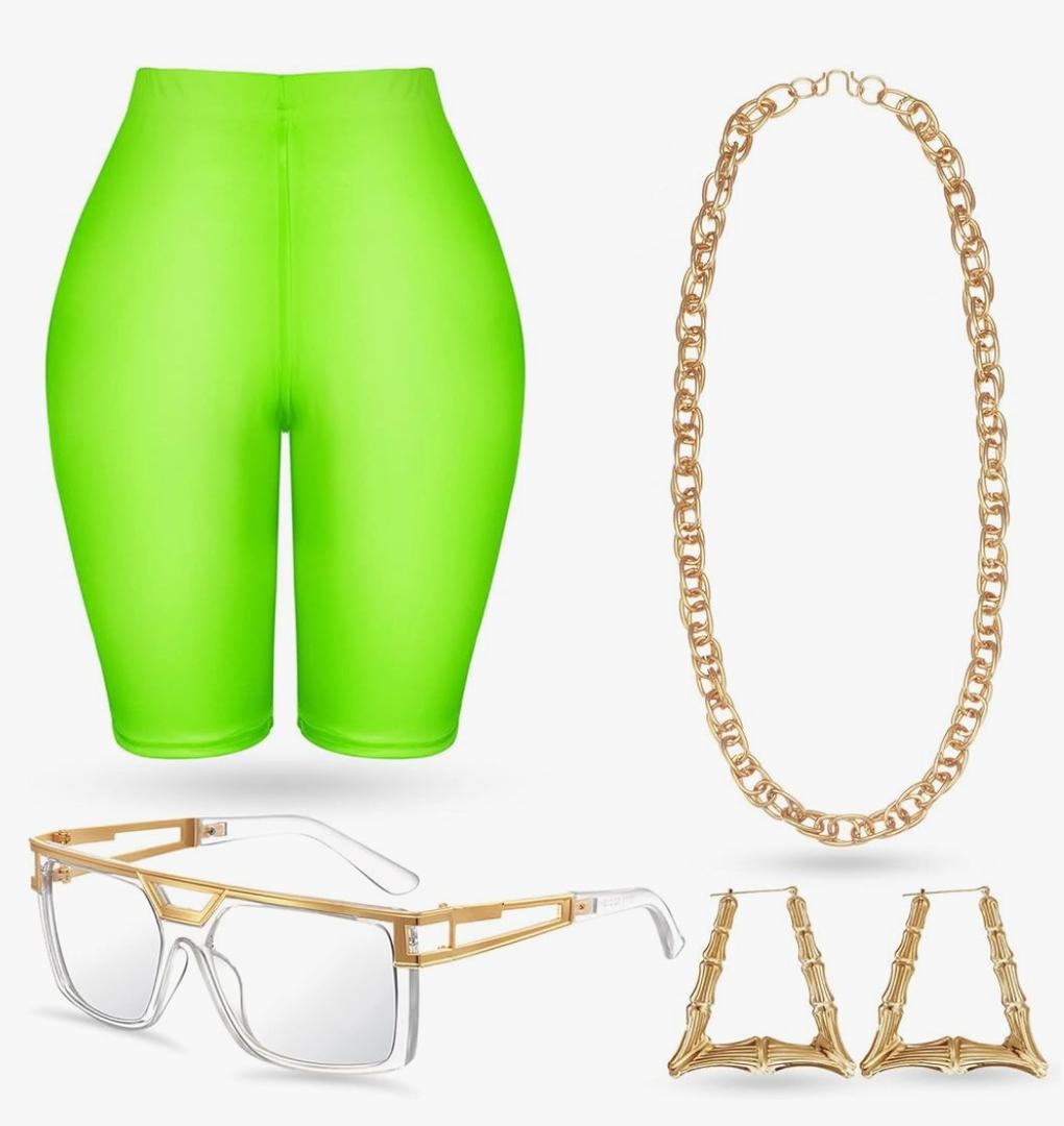 Geyoga 7 Pcs 80s 90s Outfit for Woman Halloween Costume Hip Hop Rapper Accessories Leggings Workout Disco Cosplay M