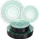 100PCS Green Plastic Plate, Clear Green Disposable Plates Heavy Duty, Fancy Floral Disposable Plates Include 50 Dinner Plates and 50 Dessert/Salad Plates for Party & Christmas
