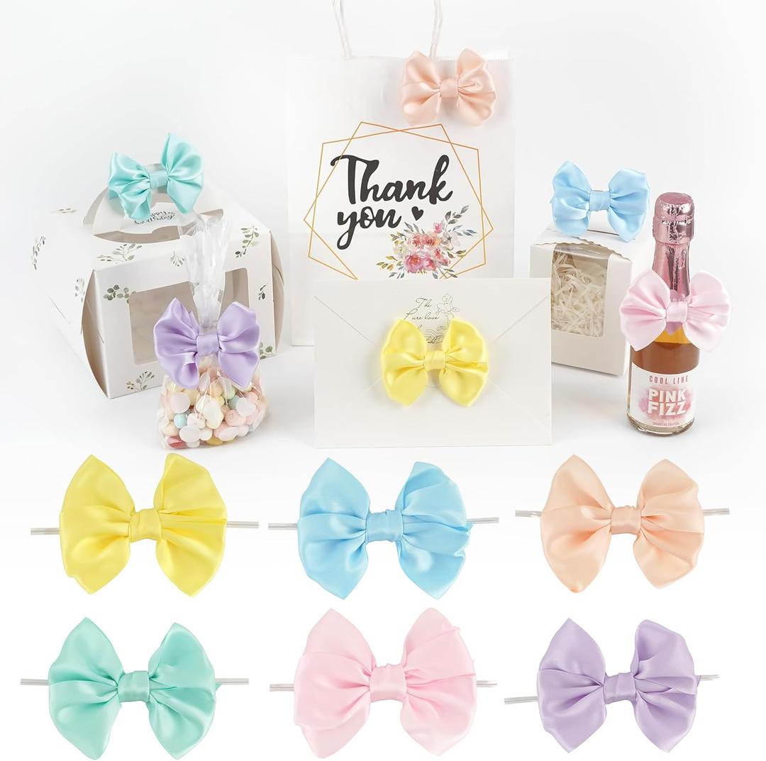 AIMUDI Pastel Bows 3.5" Satin Bows with Twist Ties 6 Colors Pastel Bow for Gift Wrapping Crafts Treat Bags Candy Cake Pop Premade Bow for Easter Day Baby Shower Birthday Spring Decoration, 60 PCs