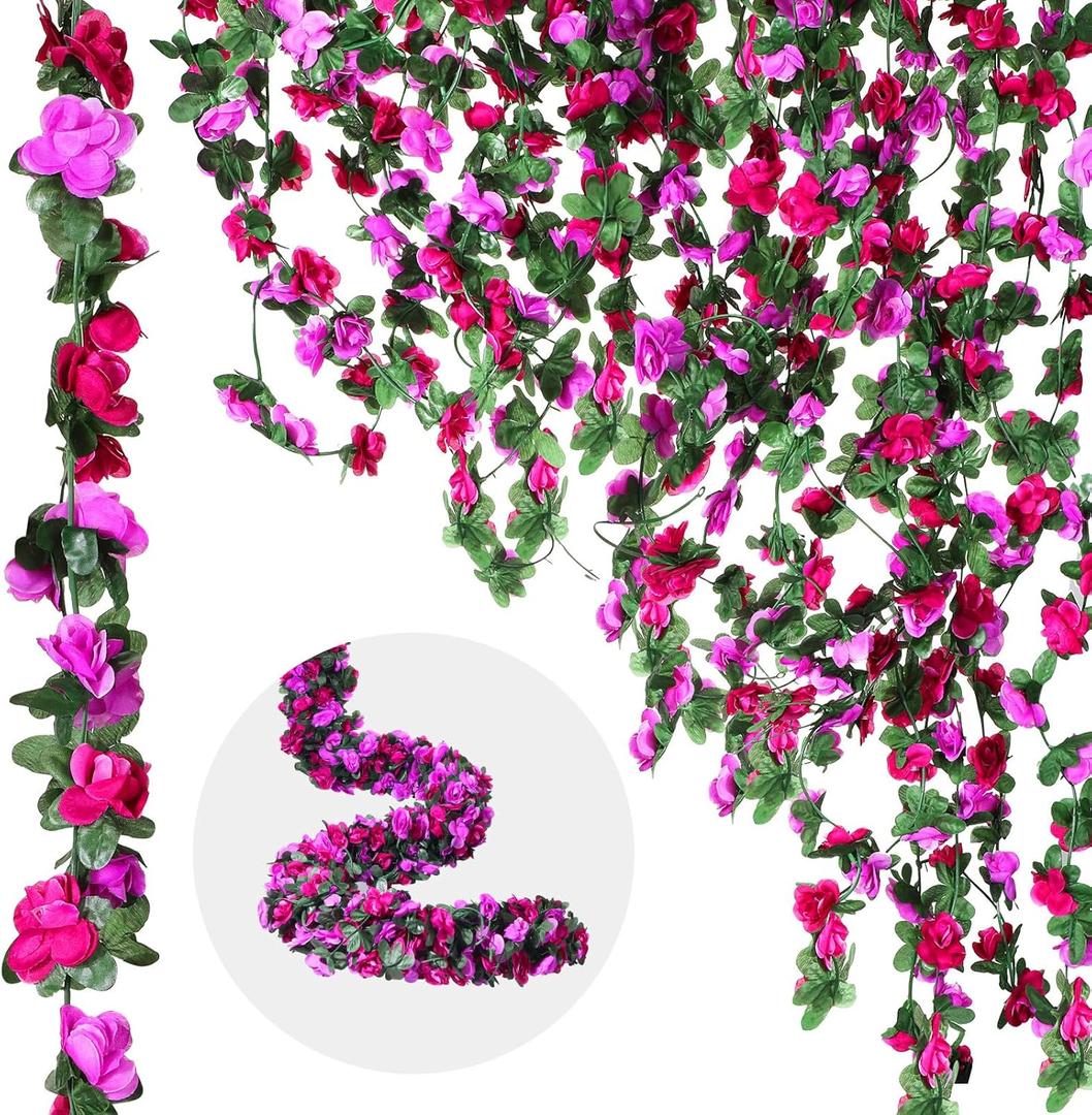 12 Pcs 100 ft Flower Garland Artificial Rose Vine with Green Leaves Hanging Artificial Flower Vines Ivy Garlands Wall Garden Decor for Room Wedding Birthday Arch Decor(Purple)