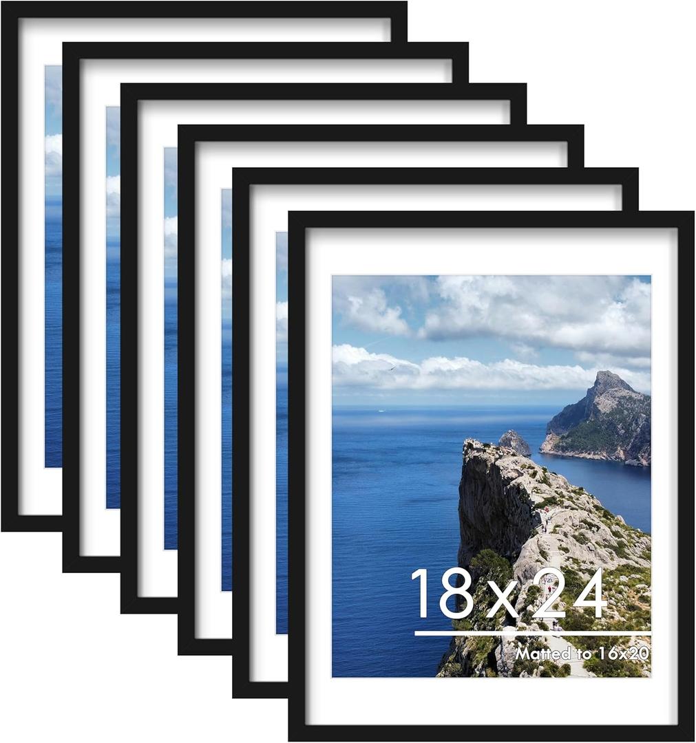 PEALSN 18x24 Poster Frame Set of 6, Display Pictures 16 x 20 with Mat or 18 x 24 without Mat for Wall Mounting Display, poster frames 18 x 24 for Wall Decor, Black
