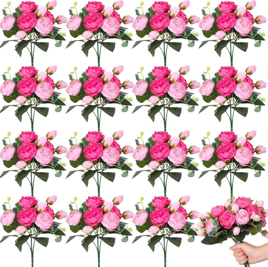 Yunlly 16 Packs Artificial Peony Flowers Faux Peonies Bouquet Silk Vintage Wedding Home Table Door Decor Reusable Bouquet Rose Flowers for Bridal Wedding Birthday Home(Pink,Peony)