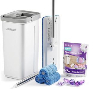 JOYMOOP Mop and Bucket Set with Freesia Scent Floor Cleaner Pods, Commercial and Household Flat Mop System with 3 Reusable Microfiber Pads and 15 Mop Soap Pods for Efficient Floor Cleaning