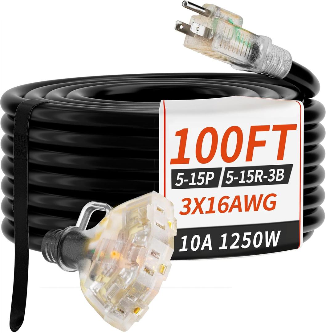 PlugSaf 100 FT 16/3 Gauge Outdoor Extension Cord with Multiple Outlets Light Indicator, Flexible 3 Outlet Weatherproof Extension Cord Waterproof Black, 10A 1250W 16AWG SJTW, ETL Listed