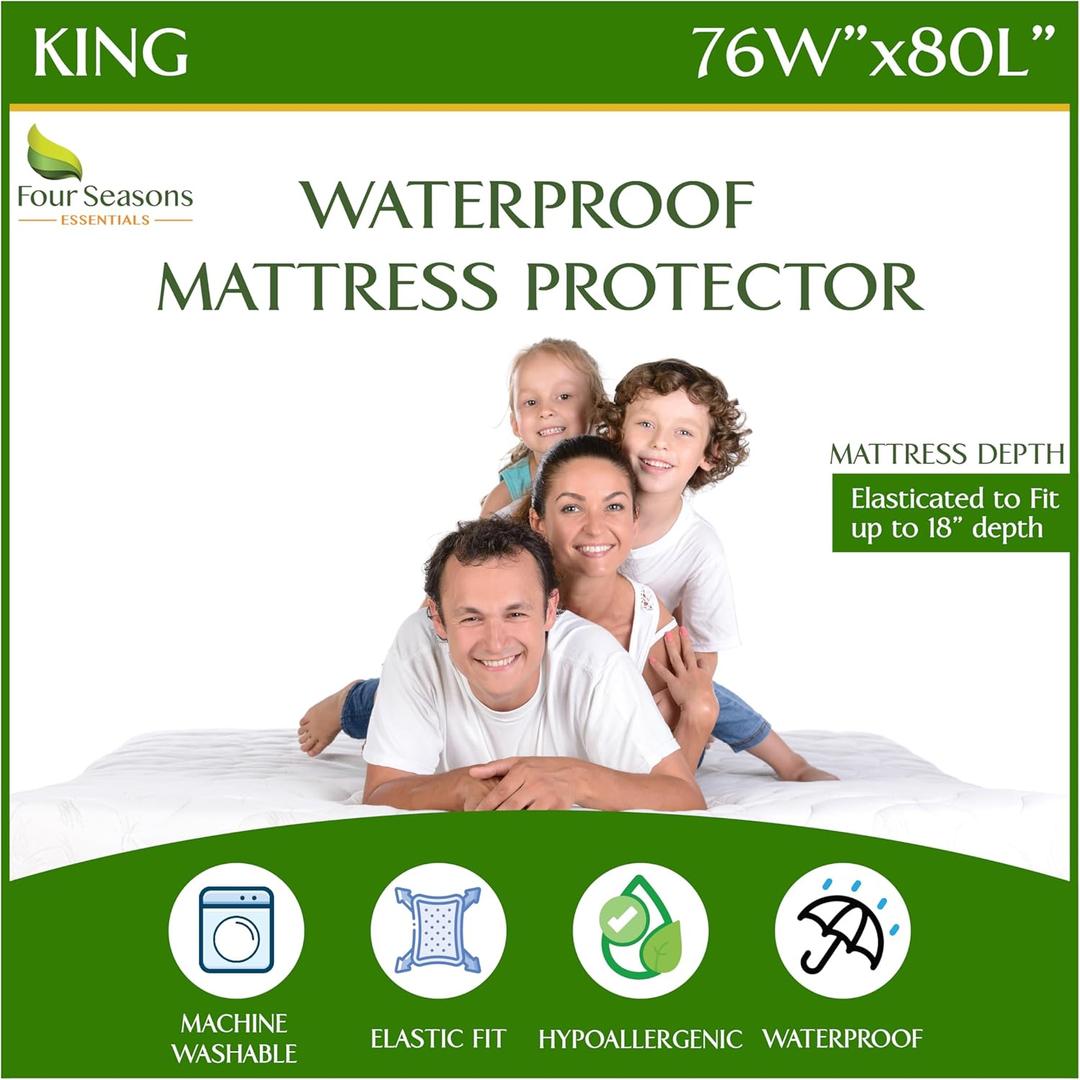 Four Seasons Essentials King Size Waterproof Mattress Protector - Cooling Viscose derived from Bamboo Fitted Sheet Mattress Cover - Quilted Jacquard Pad Protects from Dust Allergens (White)