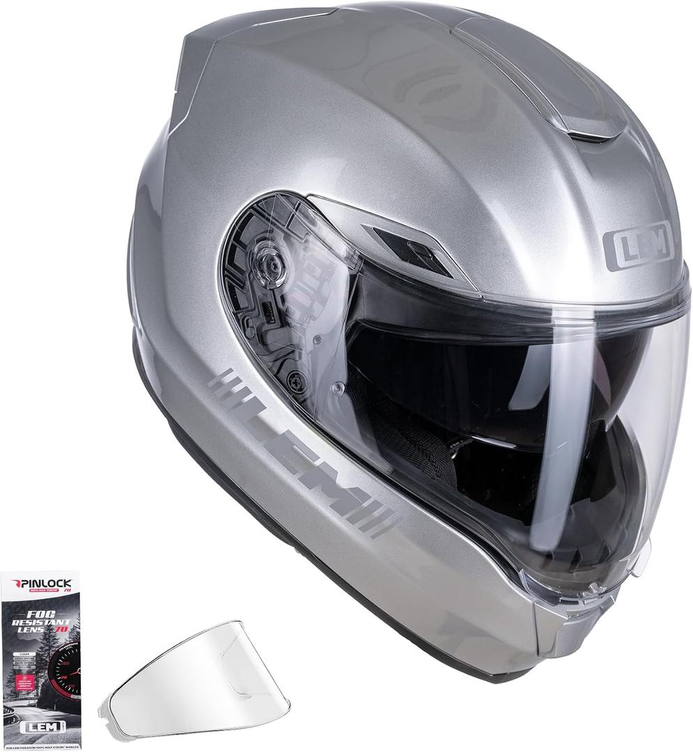 LEM Motorcycle Helmets Full Face, Helmets for Men DOT Certified, PINLOCK & DVS Dual Vision, Motorcycle Street Bike Helmet for Adults Fiberglass Shell Bluetooth Ready for Cruiser(Silver, Size L)