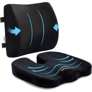 Seat Cushion and Lumbar Support Pillow Set for Office Chair, Memory Foam, Black Mesh