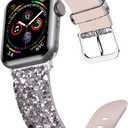 Iiteeology Compatible with Apple Watch Band 46mm 45mm 44mm 42mm, Glitter Shiny Bling Leather Band for iWatch Series 11-1/SE 3 - Silver