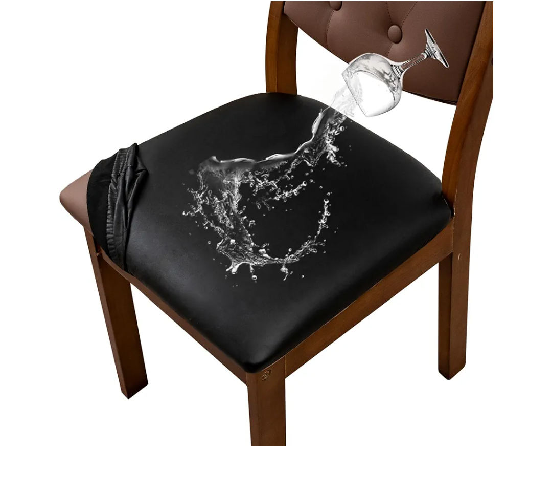 Waterproof PU Leather Seat Covers for Dining Room Chairs Set of 4, Stretch Dining Chair Slipcovers, Kitchen Chair Seat Covers, Non-Slip & Washable (Black