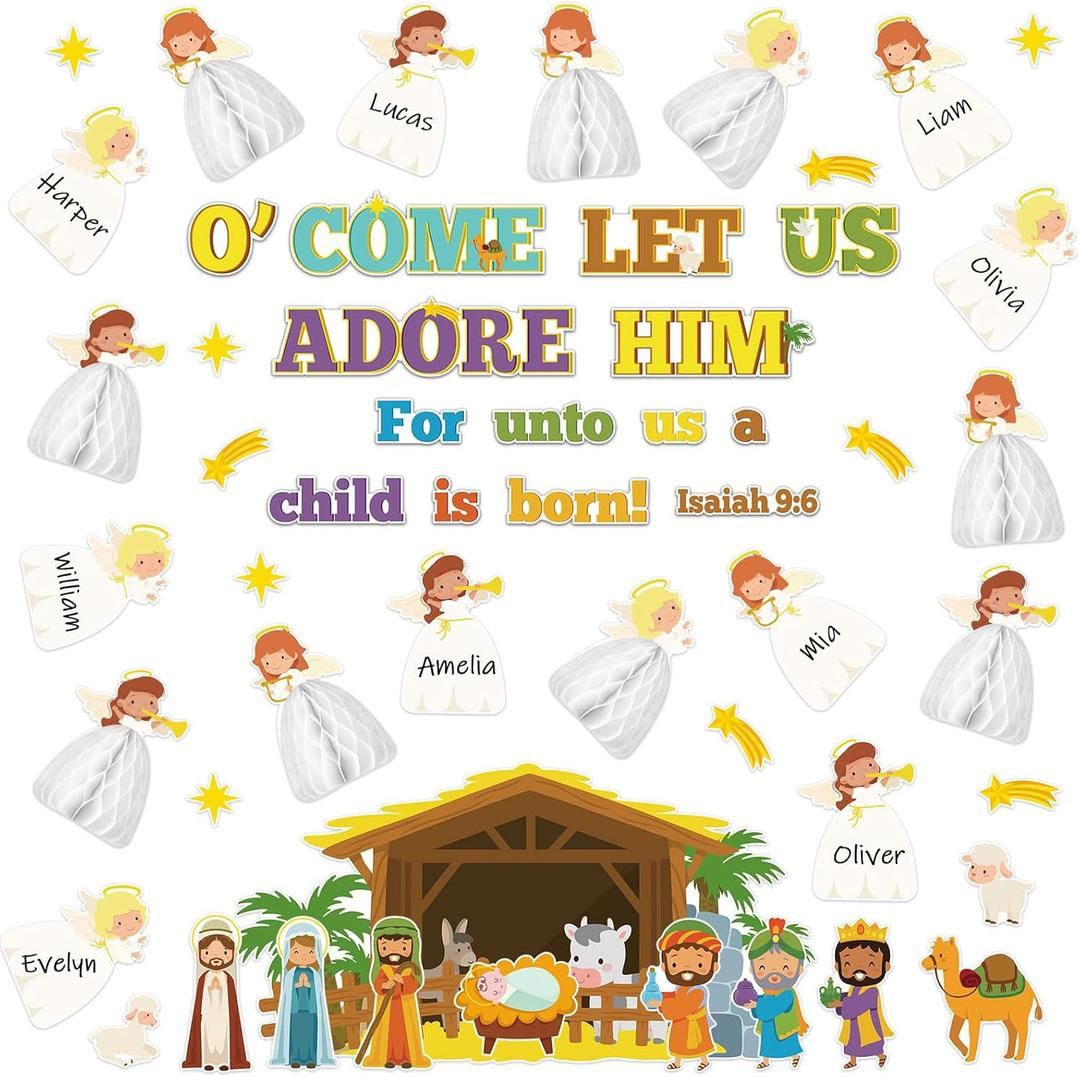 Zhanmai Christmas 3D Bulletin Board Set Paper Cutouts with String Lights Holiday Wall Bulletin Board Decorations for Home Office Holiday Party Supplies (Nativity)