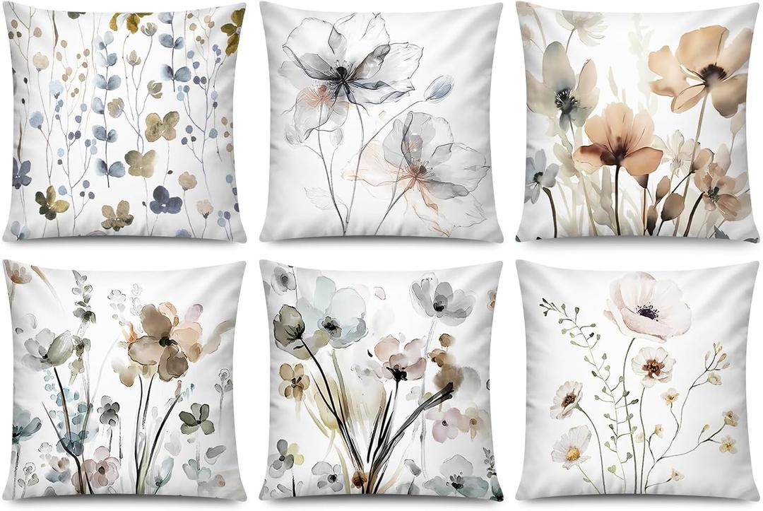 COMMINY Brown Grey Floral Pillow Cover 18x18 Set of 6 Watercolor Throw Pillow Covers Square Cushion Covers for Couch Sofa Living Room Home Decor (Modern Watercolor Flower)